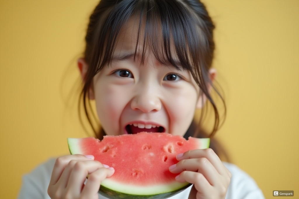 귀여운 아이가 수박을 맛있게 먹고 있다.