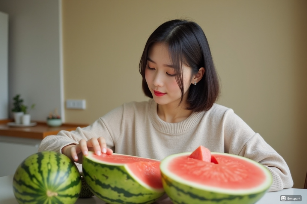 잘익은 수박을 잘라서 먹을 준비하는 여성의 모습