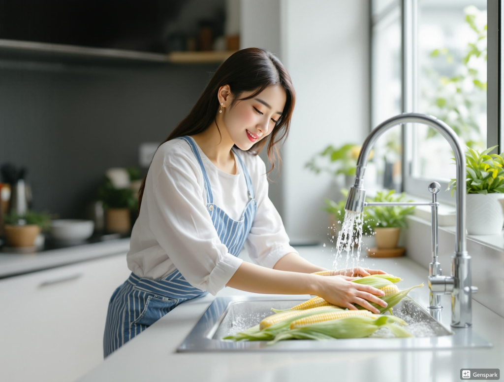 구매한 옥수수를 깨끗하게 씻는 모습 