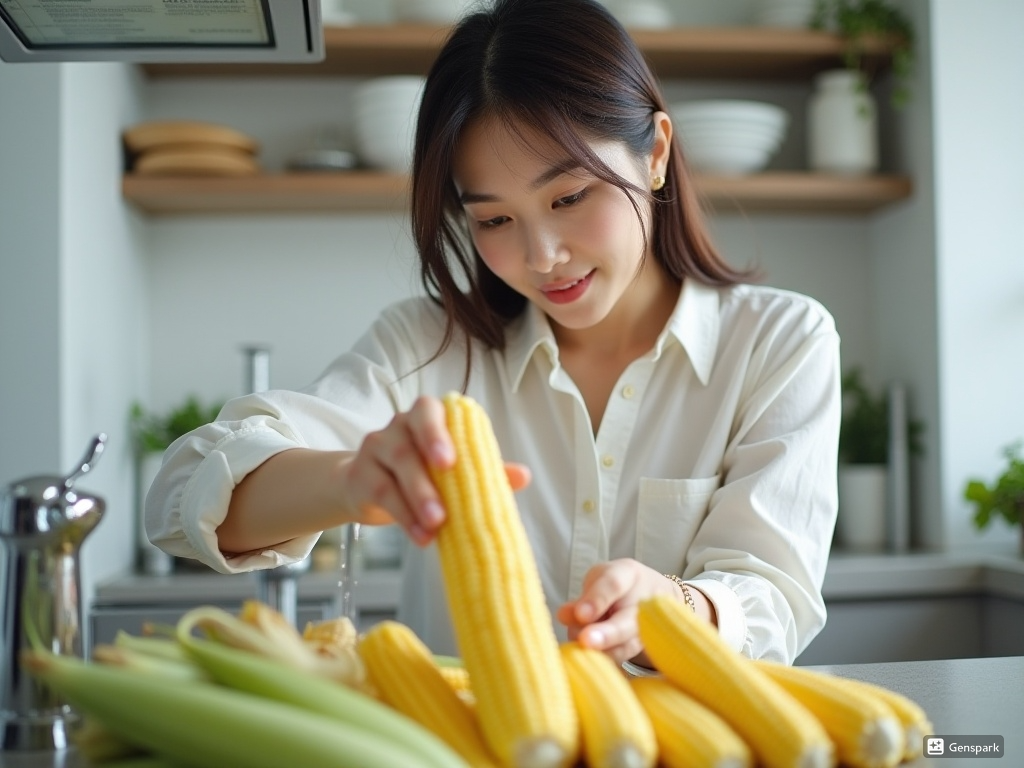 옥수수 요리하기 위해 옥수수를 정리하는 모습