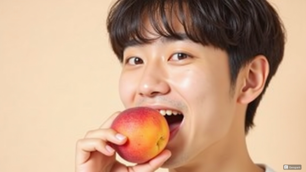 맛있게 복숭아를 한입 먹는 남성의 모습