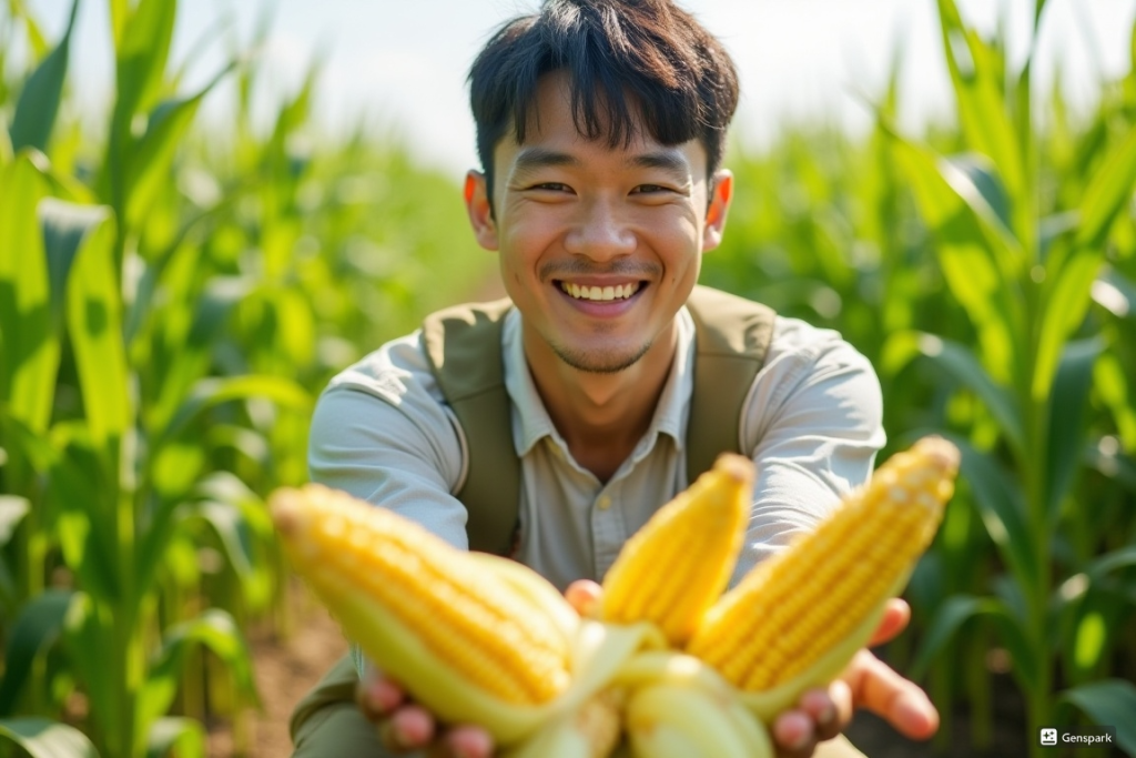 옥수수밭에서 옥수수를 따서 보여주는 남성의 모습