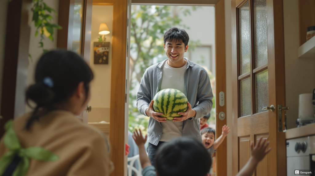 수박을 들고 들어오는 아빠의 모습에 아이들은 환호하고 있다.