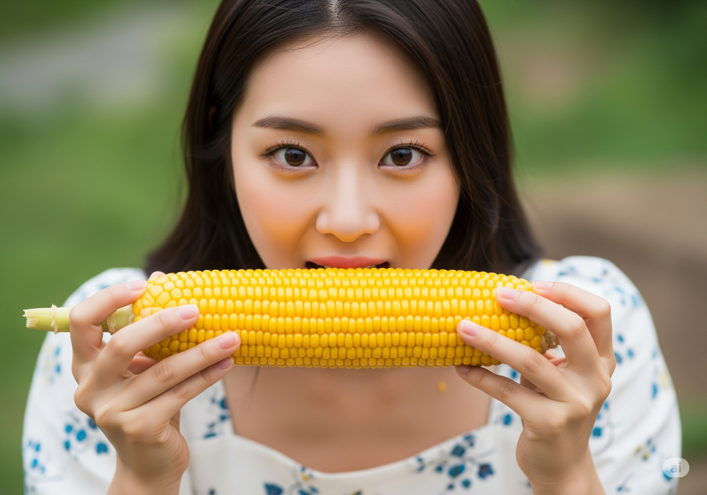 미모의 여성이 옥수수를 아주 맛있게 먹는 모습