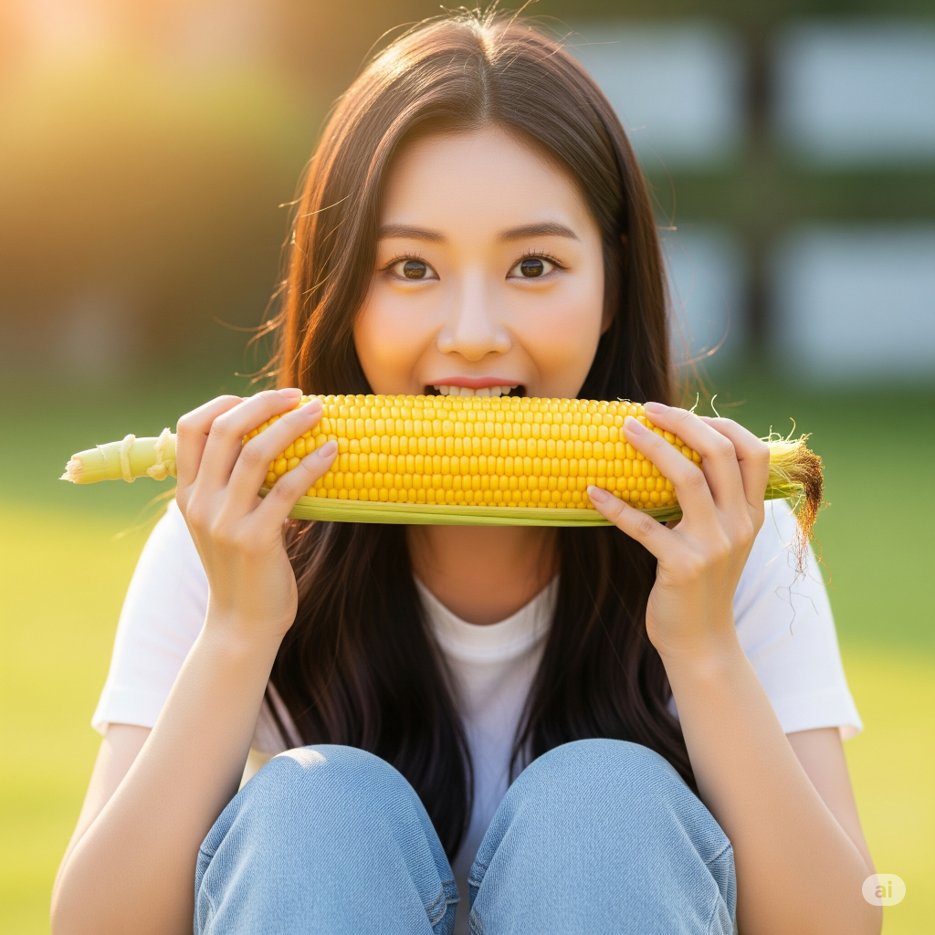 하모니카 불듯 초당옥수수를 먹는 여성의 모습