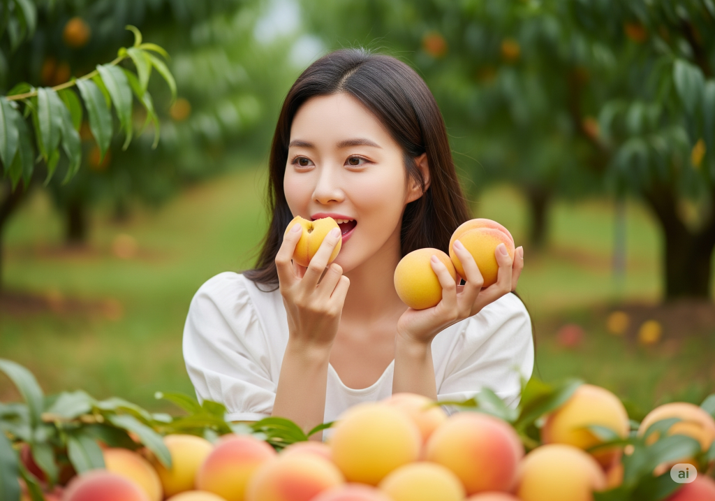 맛있게 복숭아를 먹는 아름다운 한국인 여성의 모습