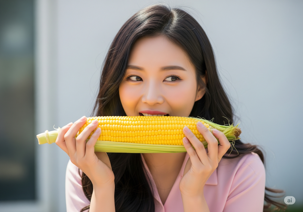 옥수수를 맛있게 먹고 있는 아름다운 여성