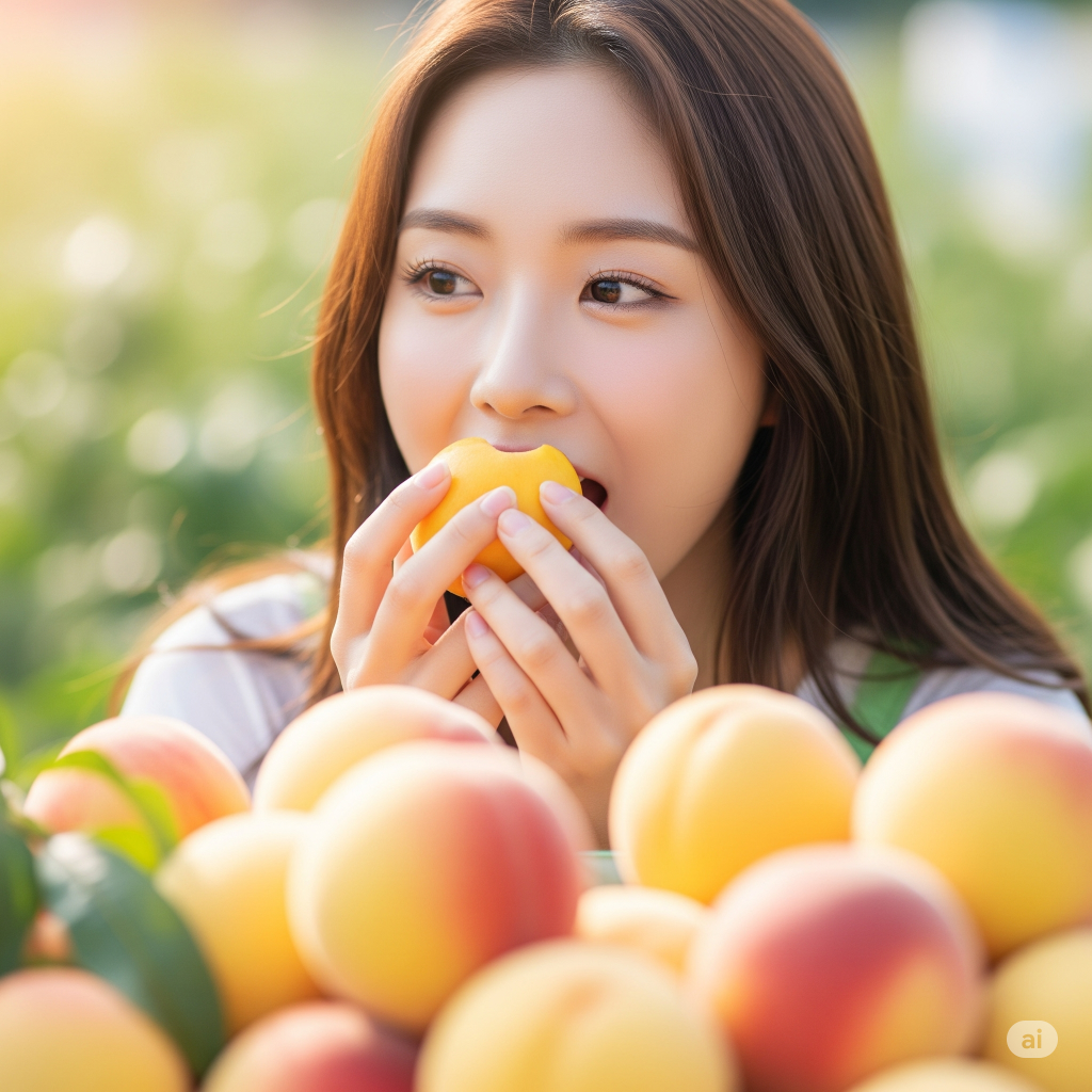 미모의 여성이 조심스레 복숭아를 먹는 모습