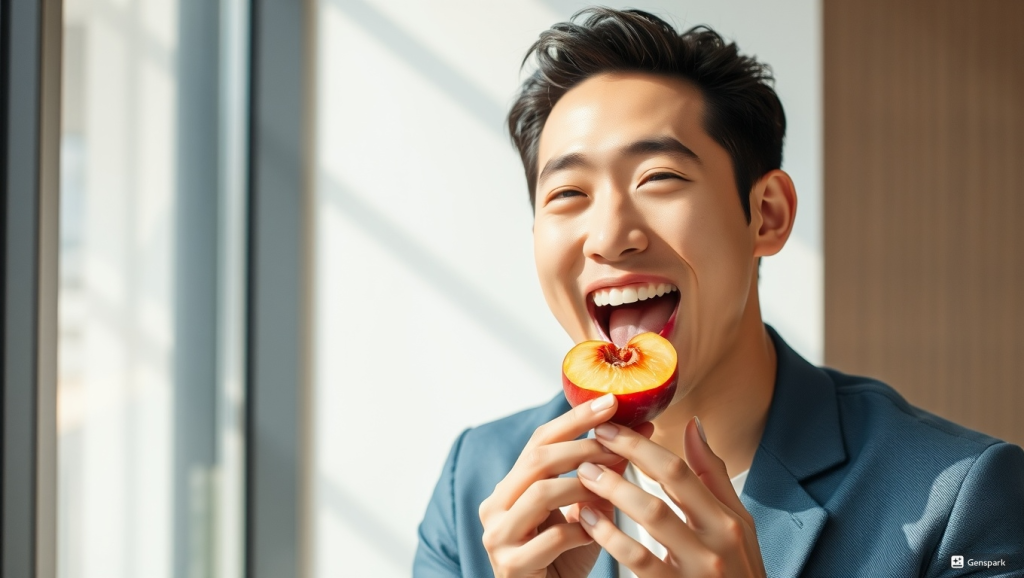 복숭아를 좋아하는 남성의 모습