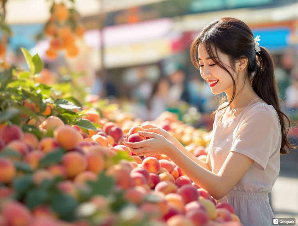 시장에서 복숭아를 고르기 위해 살펴보는 여성의 모습