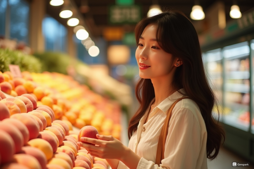 마트에서 복숭아를 고르고 있는 여성의 모습