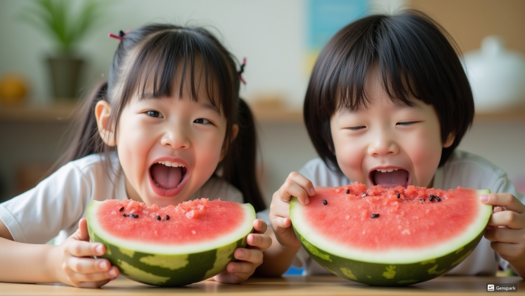 수박을 맛있게 먹는 아이들의 모습