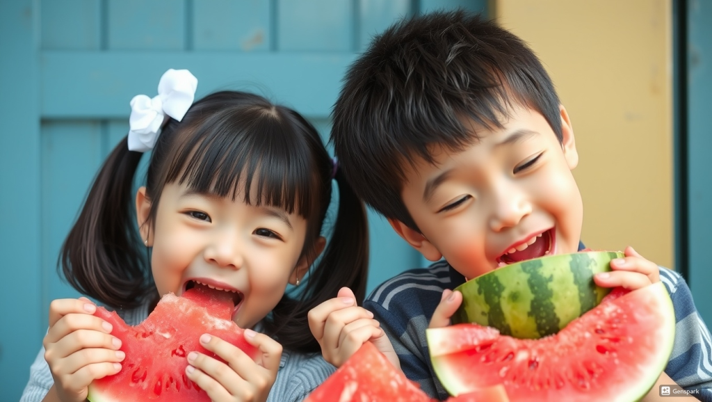 달콤한 수박을 맛있게 먹는 어린 남매의 모습