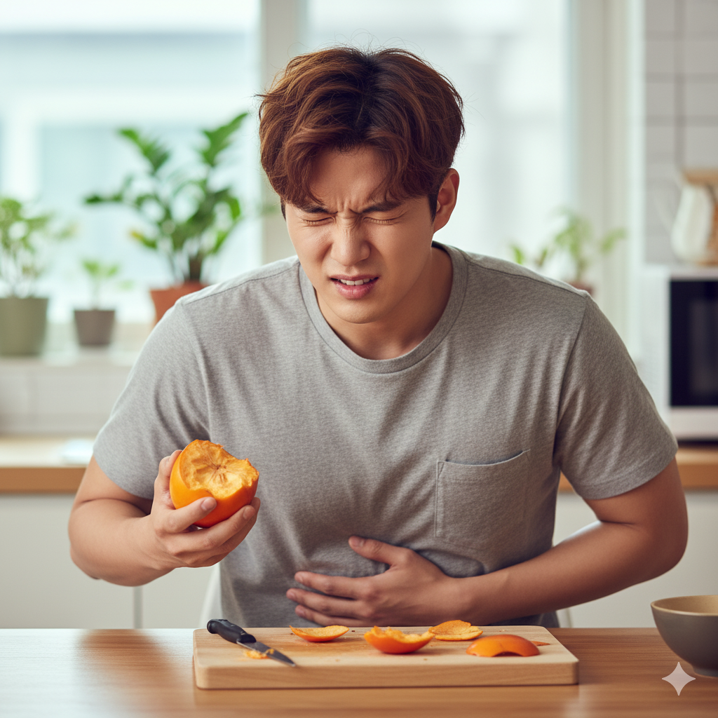 감 효능을 몰라서 잘못 먹고 배가 아픈 남성