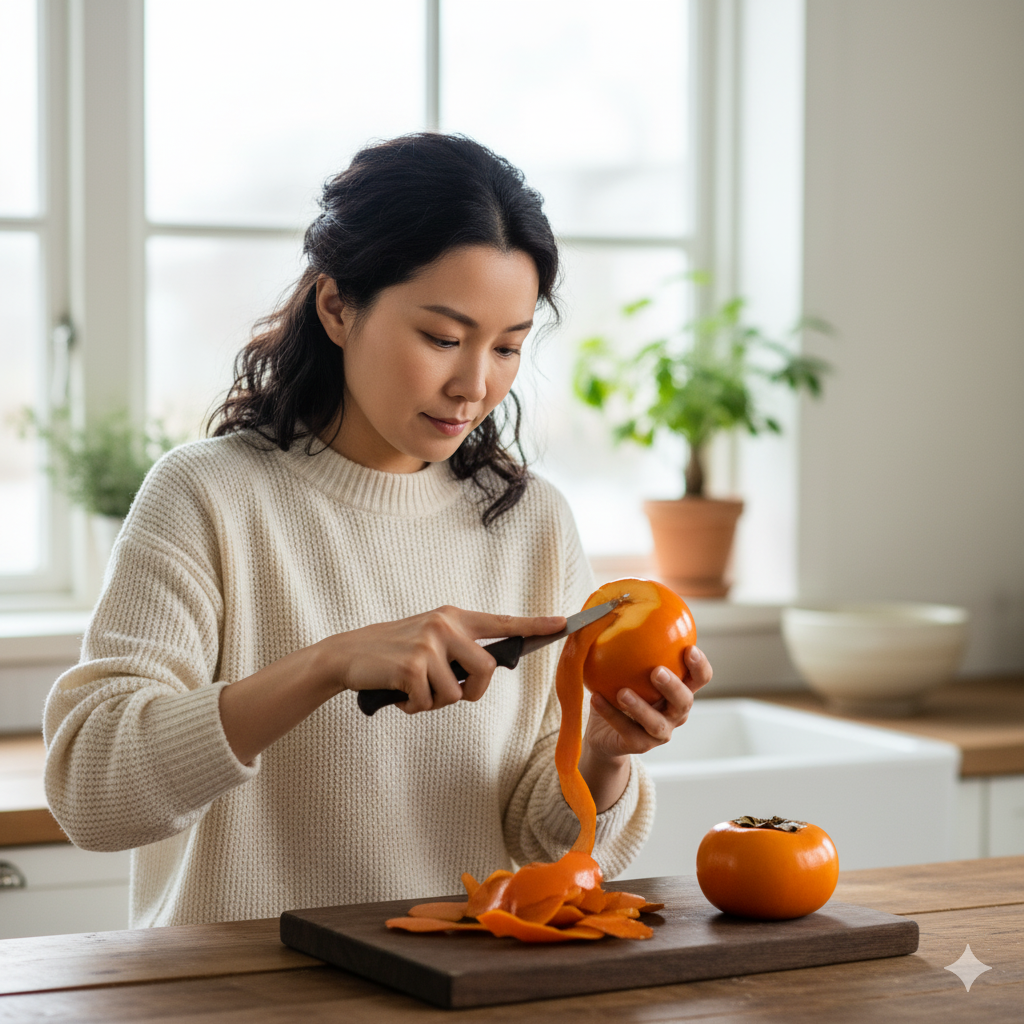 감의 효능을 알고 먹을려고 하는 여성의 모습